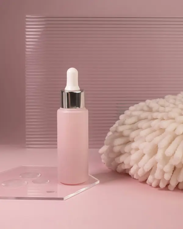 Frasco rosa fosco de sérum com conta-gotas sobre base de acrílico, em fundo rosa