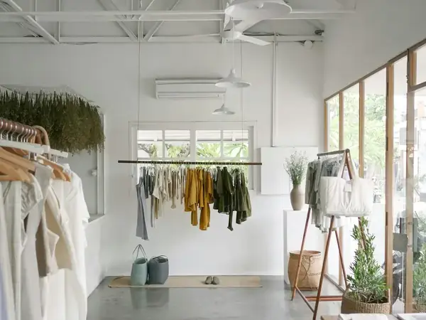 Loja de roupas clara, com araras, plantas e mesa de madeira