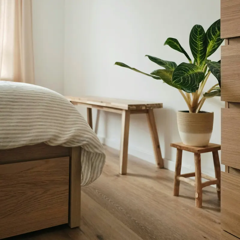 Suíte com cama de madeira, banco e vaso de planta junto à parede clara